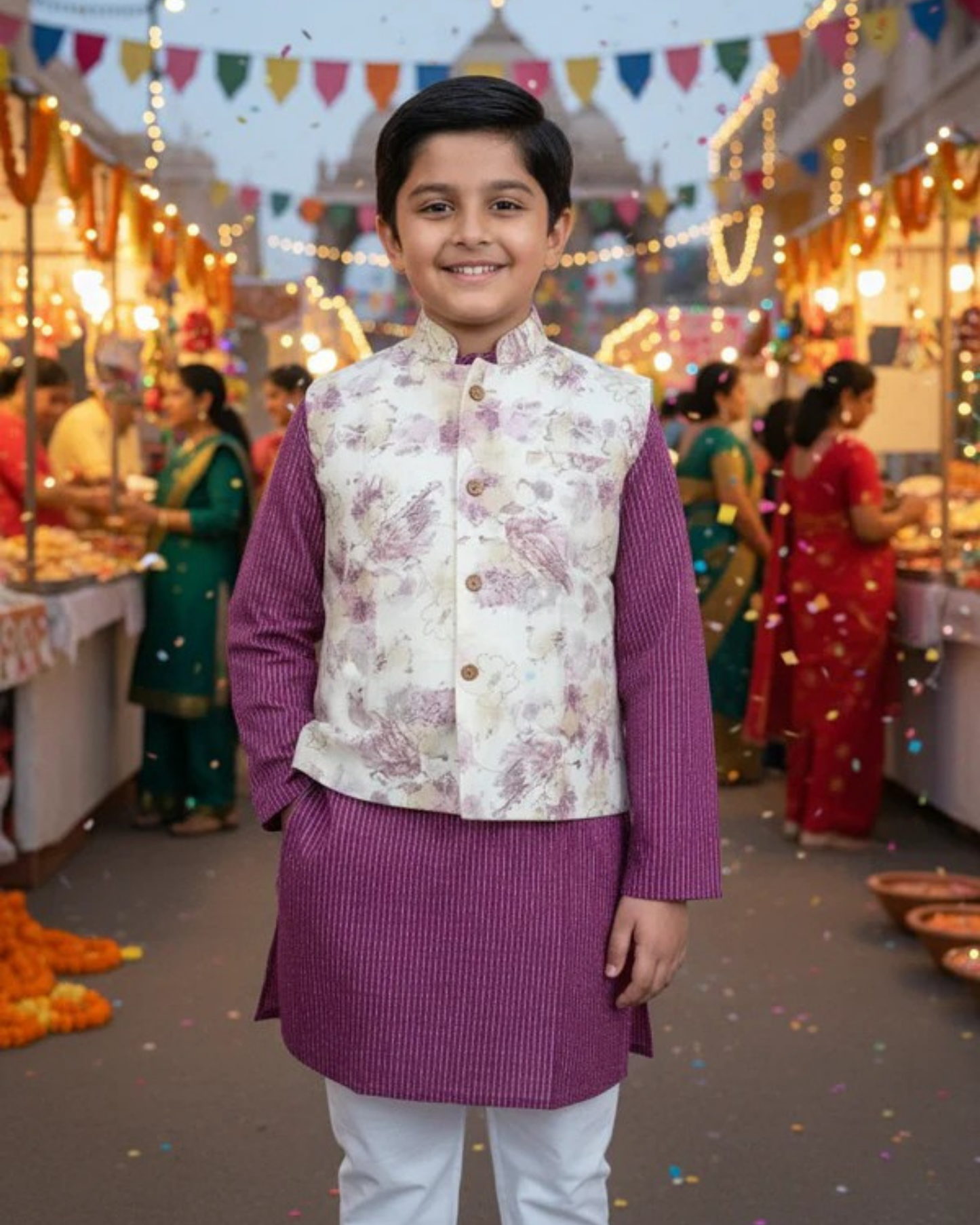 Abstract cream/Purple print Jacket with Kurta -Pyjama