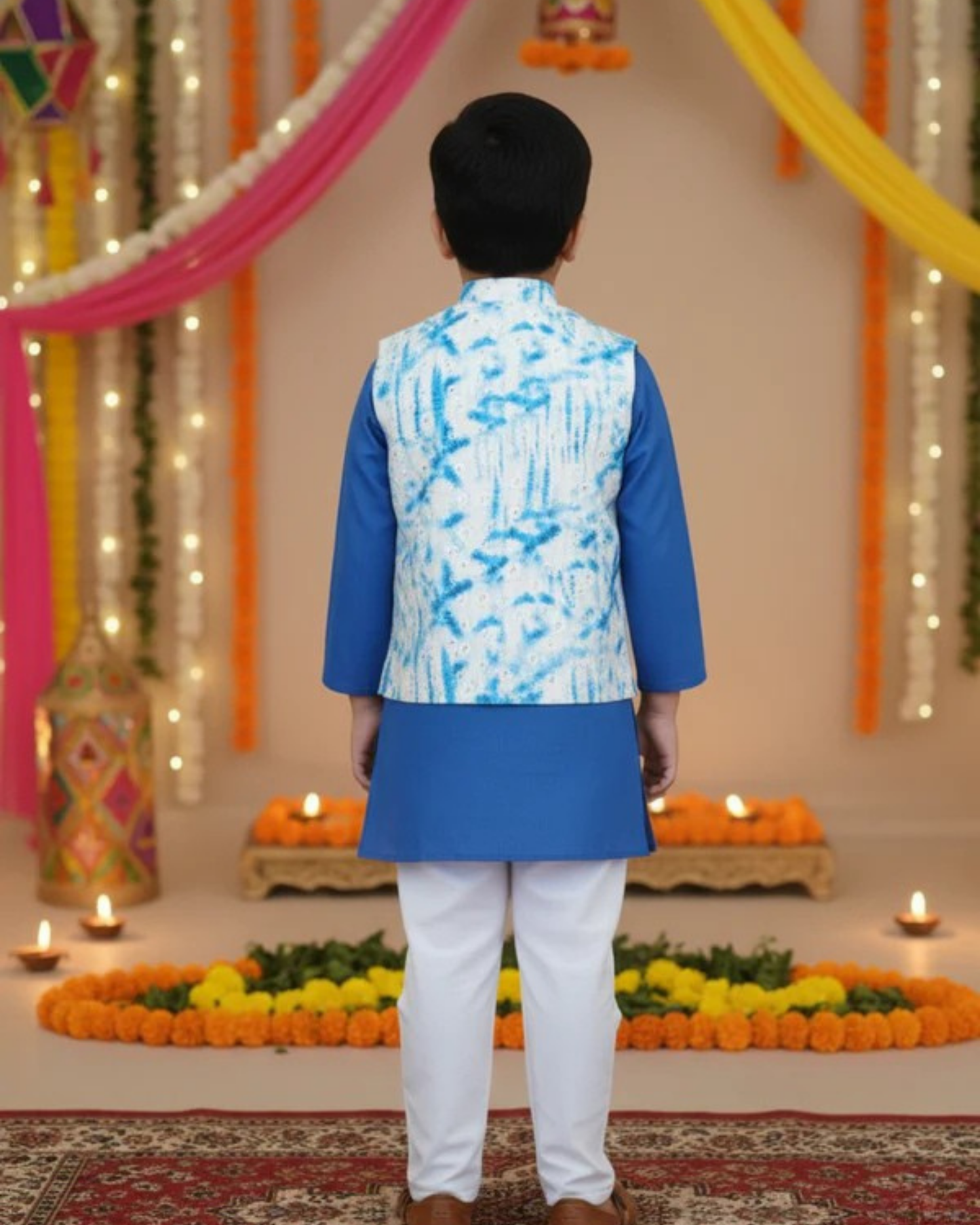 Schiffli Blue Jacket with Kurta -Pyjama
