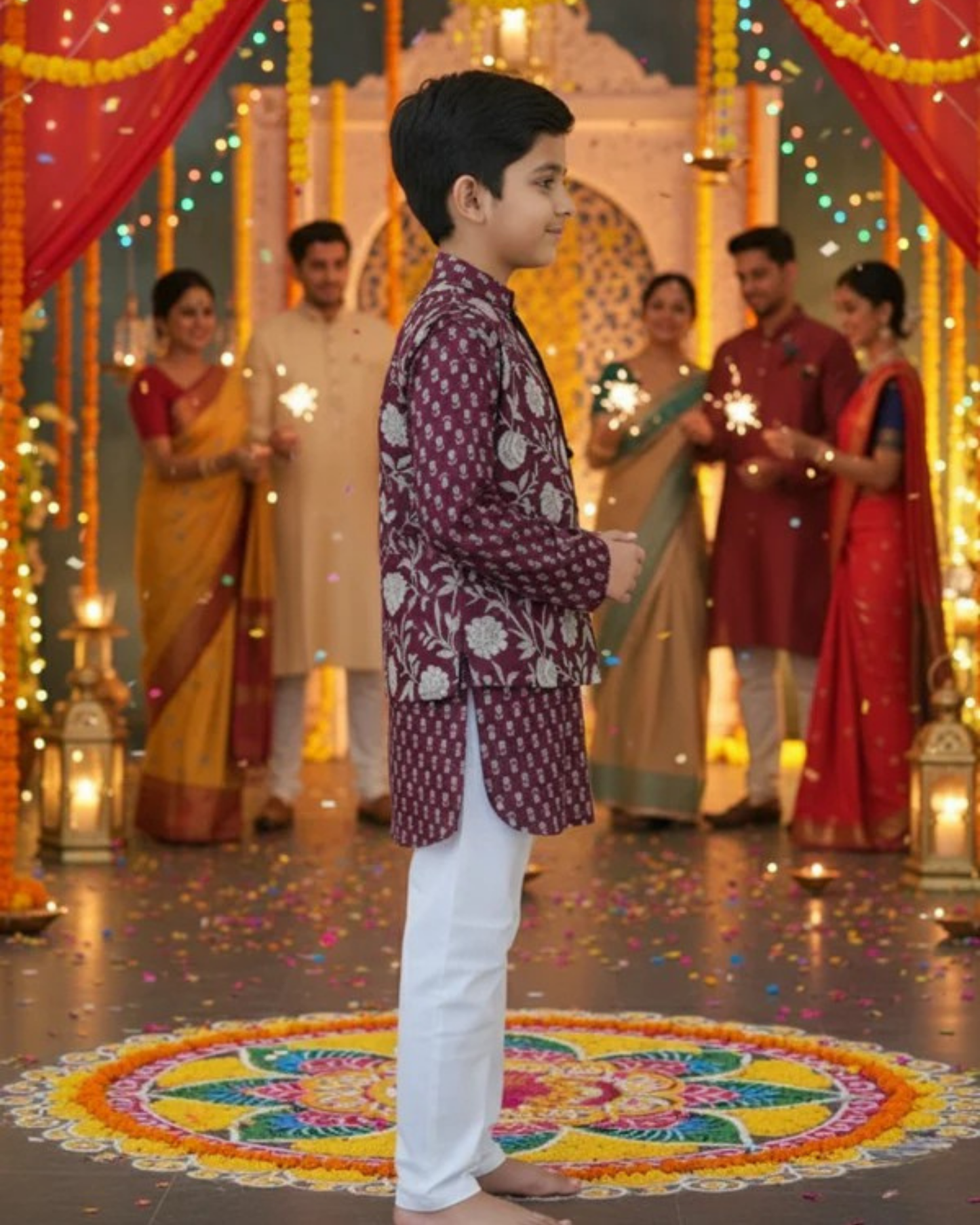 Mehroon Genda fool  Jacket with Kurta -Pyjama