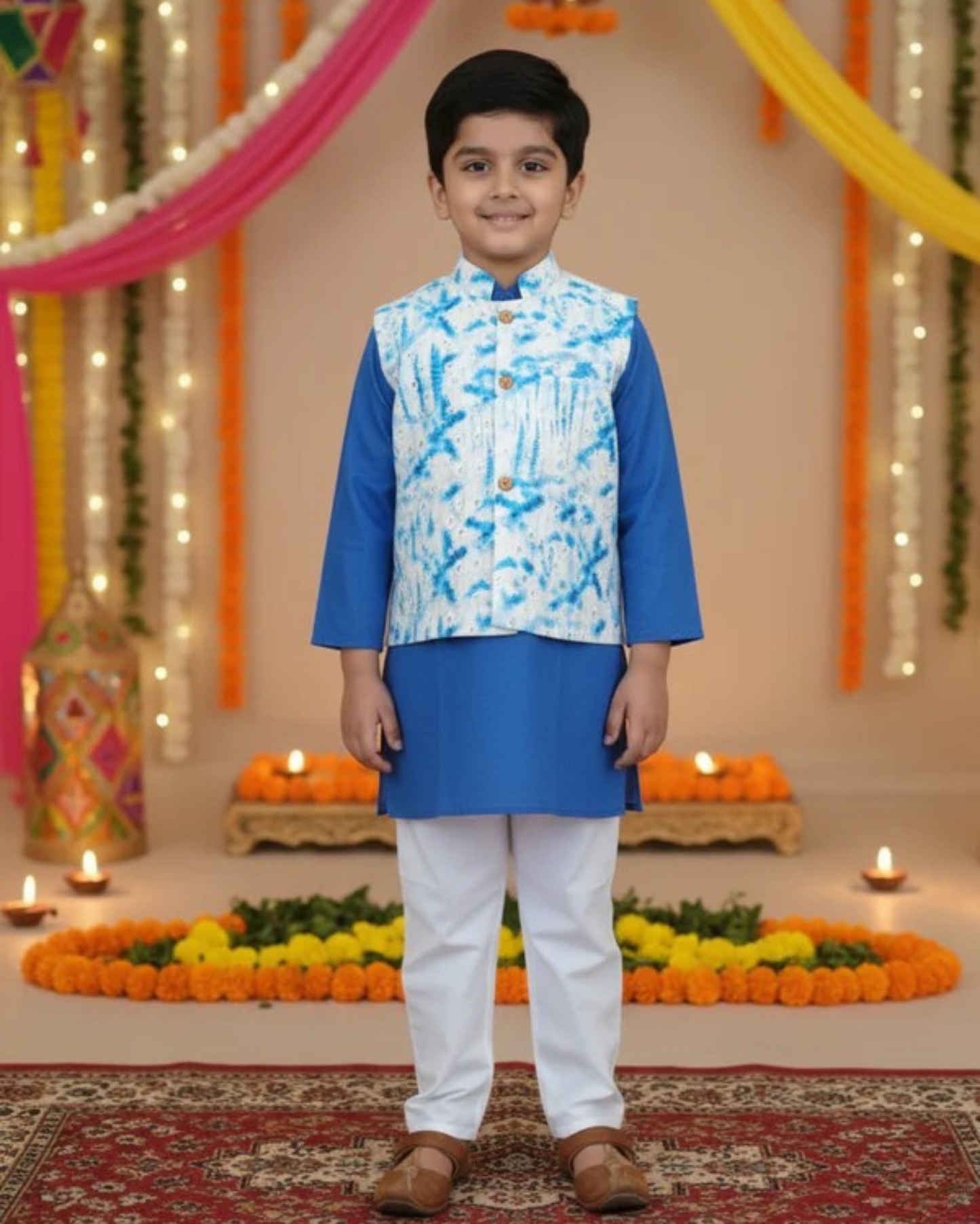 Schiffli Blue Jacket with Kurta -Pyjama
