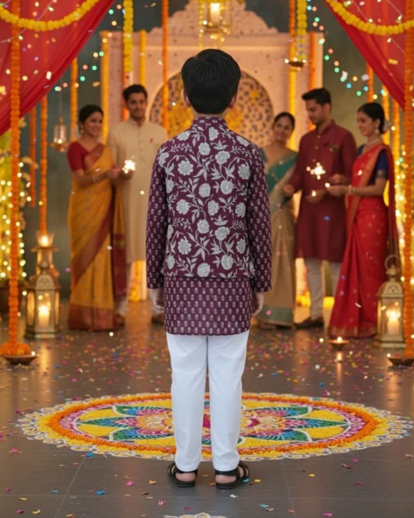 Mehroon Genda fool  Jacket with Kurta -Pyjama
