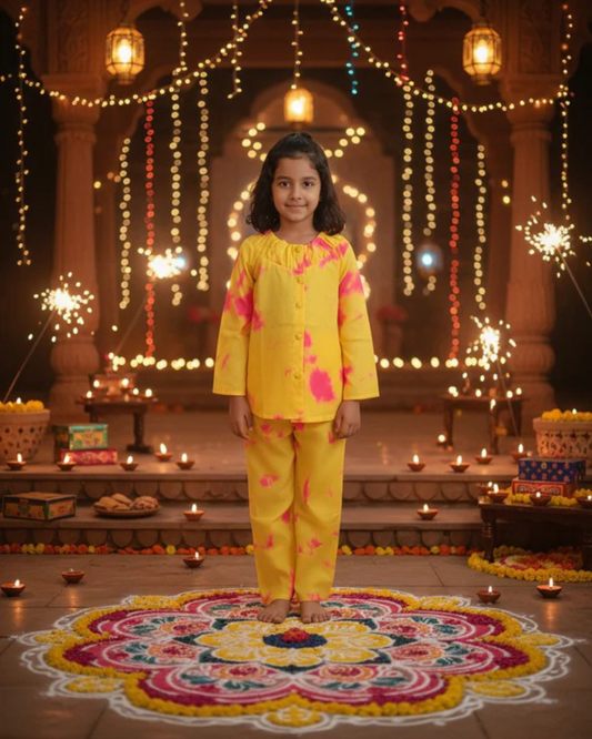 Marble Tie & Dye Print Yellow Pink Colour Girls Co-Ords