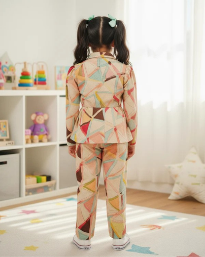 Peach Colour geometric Print Girls Co-Ord Set