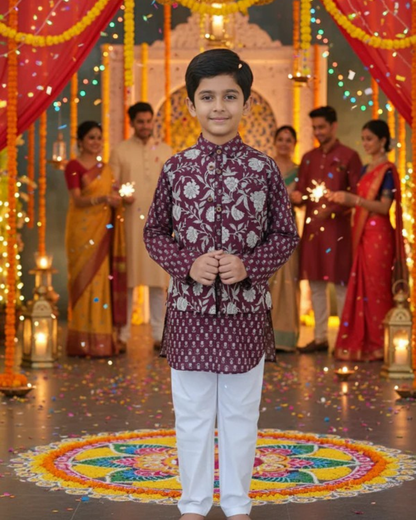 Mehroon Genda fool  Jacket with Kurta -Pyjama