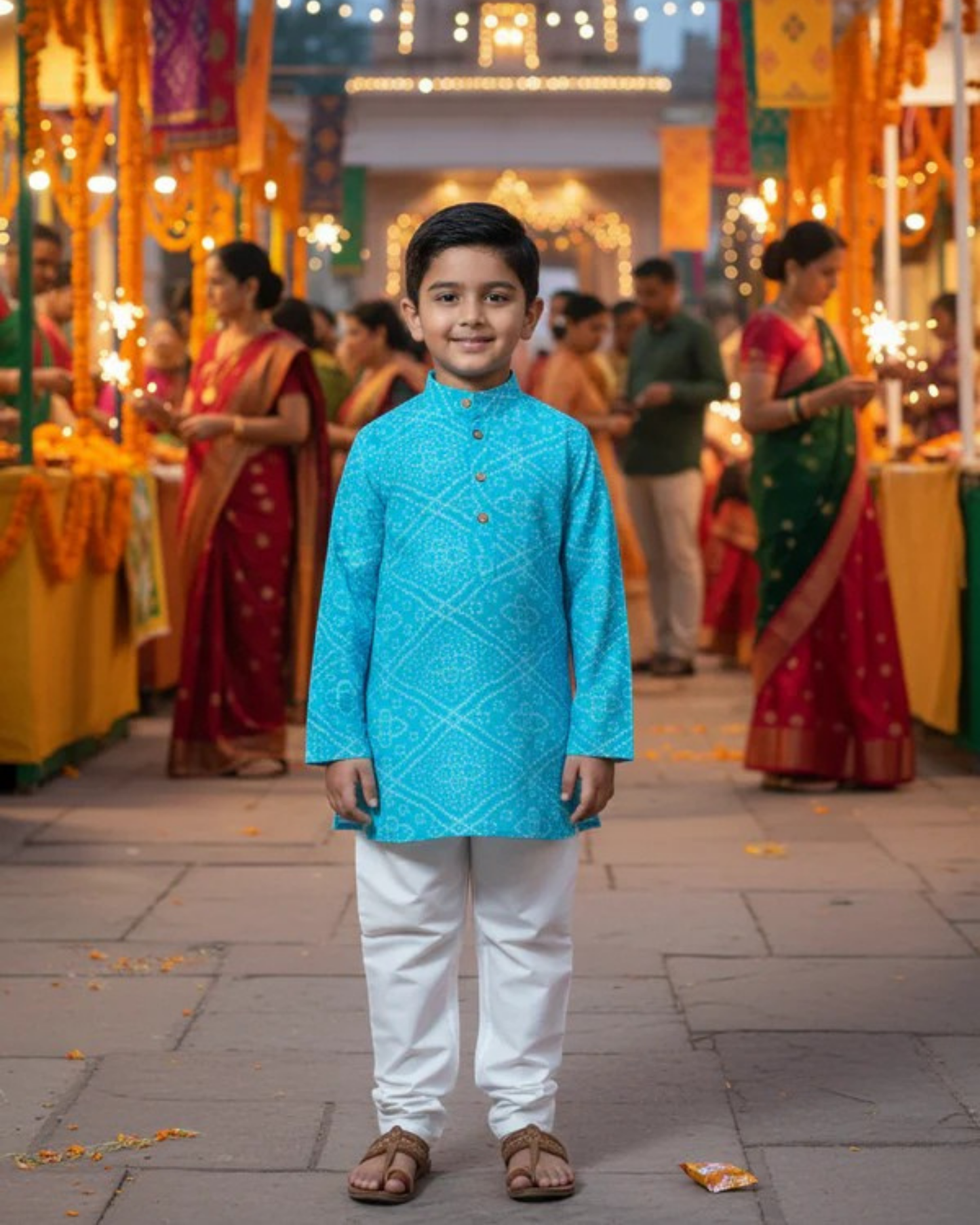 Sky Blue Bandhej Kurta And Jacket With Pyjama (Tie and Dye )