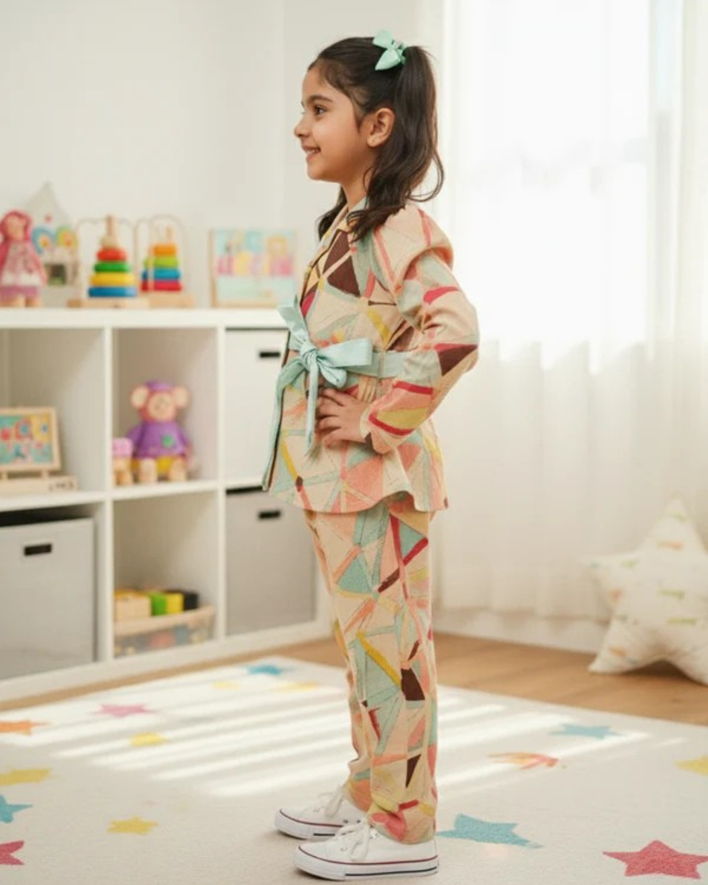 Peach Colour geometric Print Girls Co-Ord Set