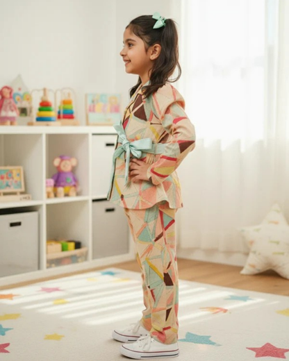 Peach Colour geometric Print Girls Co-Ord Set