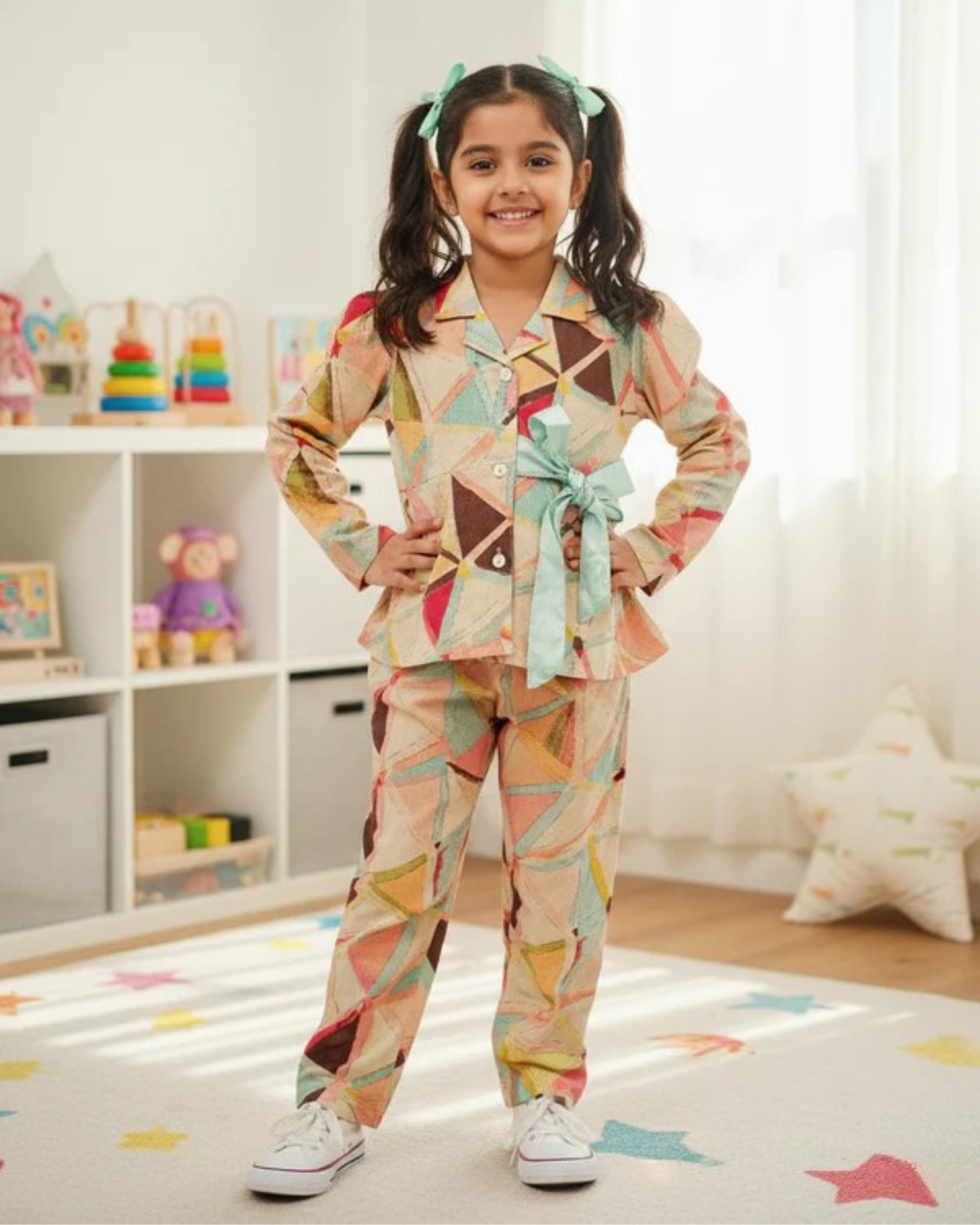 Peach Colour geometric Print Girls Co-Ord Set