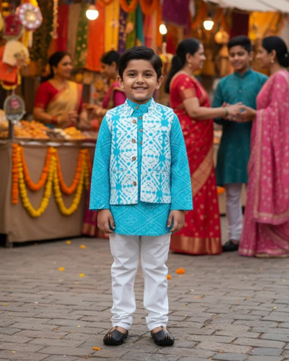 Sky Blue Bandhej Kurta And Jacket With Pyjama (Tie and Dye )