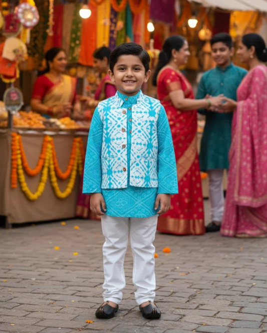 Sky Blue Bandhej Kurta And Jacket With Pyjama (Tie and Dye )