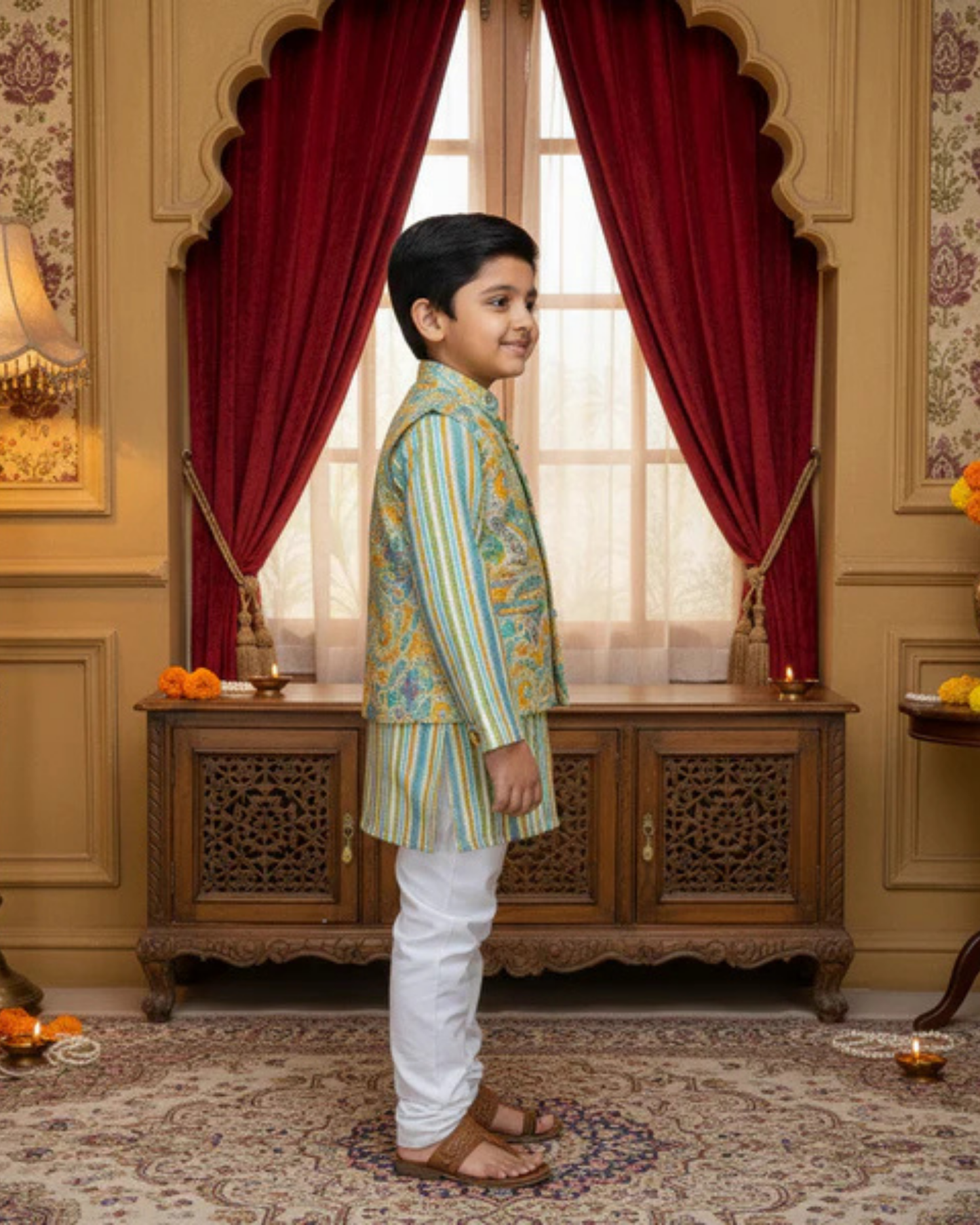 Yellow Pastel Paisley Jacket with Kurta Pyjama