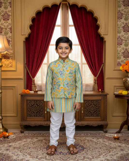Yellow Pastel Paisley Jacket with Kurta Pyjama