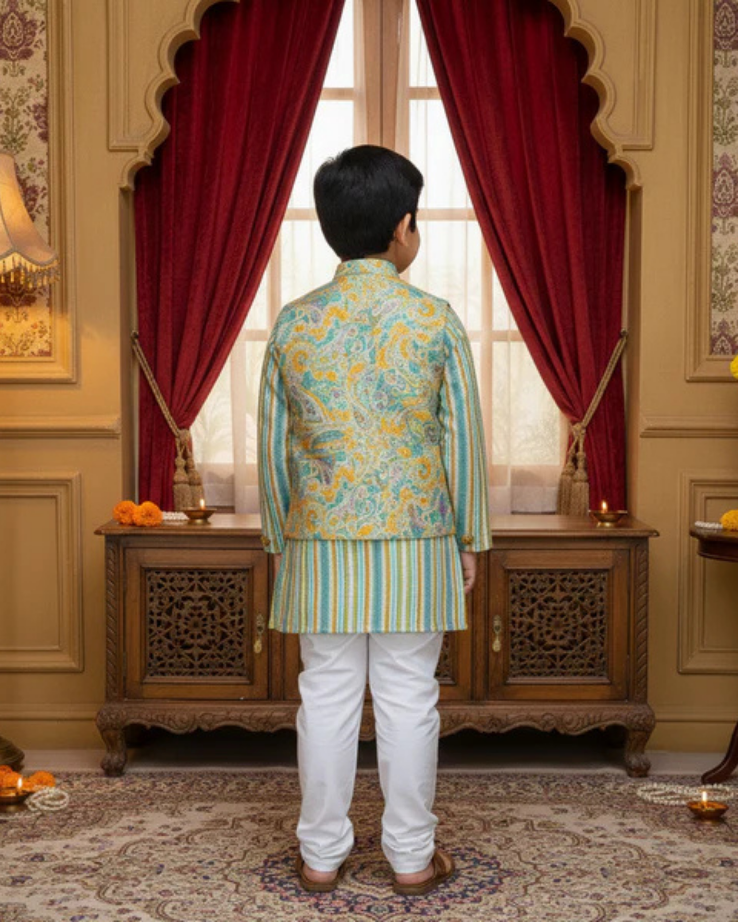 Yellow Pastel Paisley Jacket with Kurta Pyjama