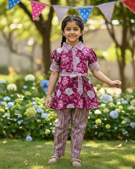Flower Print Wine Colour Girls Co-Ords
