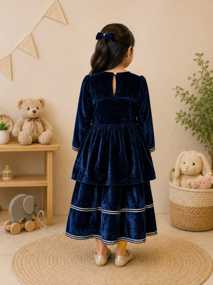Blue Coloured Mirror-Embroidery Velvet  Kurti With Sharara