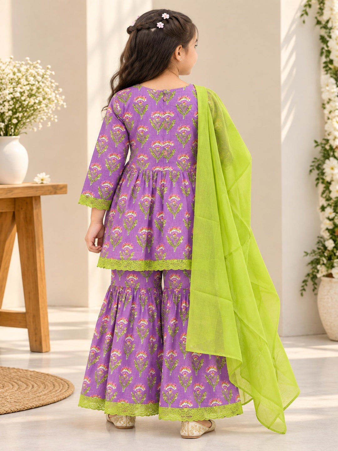Floral Gathered Lavender Kurta With Sharara Set