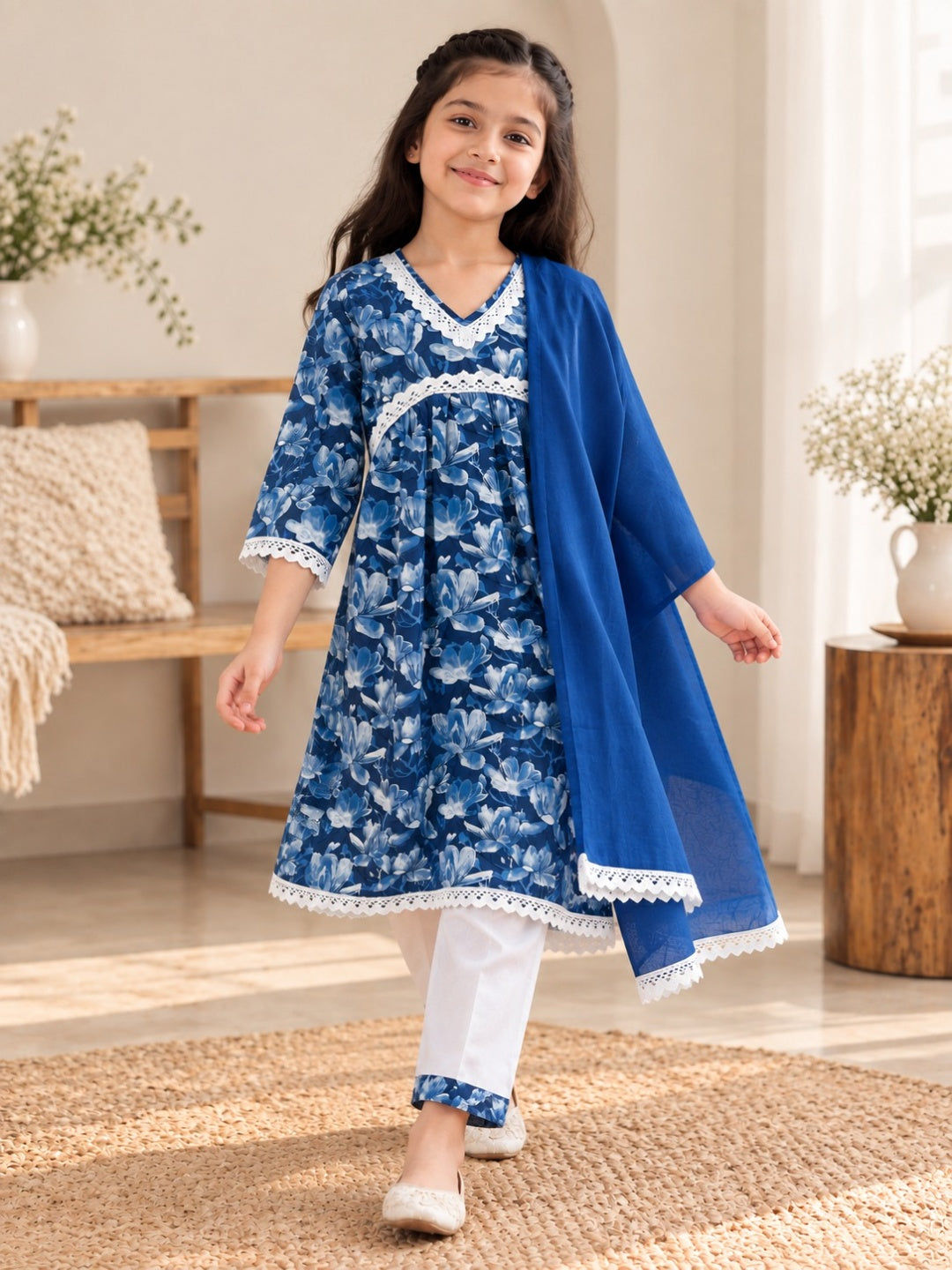 Blue Colour Floral Printed Girls Flare Suit Set