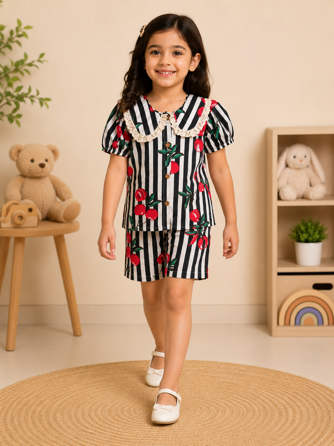 Striped-quirky-fruit  printed Cord-Set  for Girls