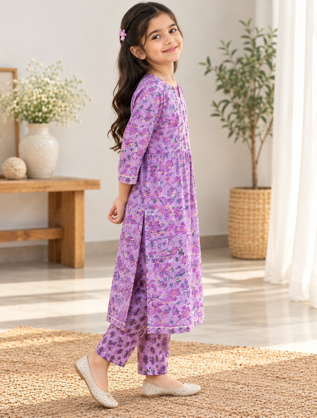 Lavender Colour Floral Printed Nyra Cut suit with Sant