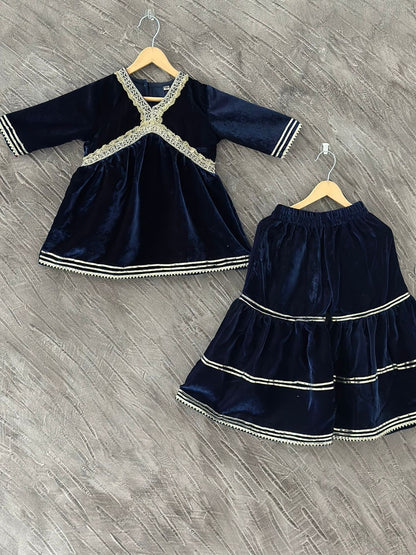 Royel Blue Coloured Alia Cut Velvet  Kurti With Sharara