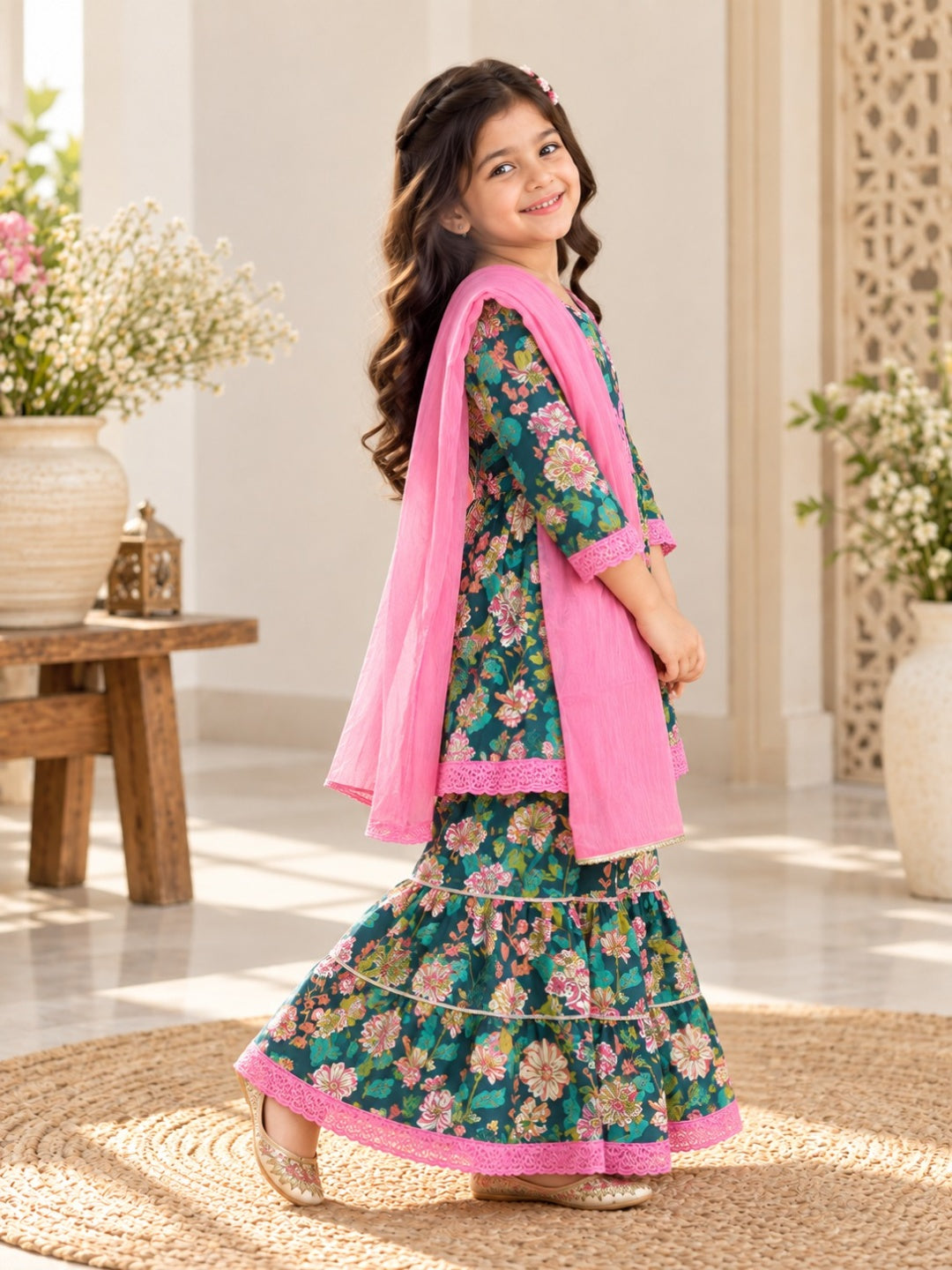 Ethnic Gathered Olive Green Kurta With Sharara Set
