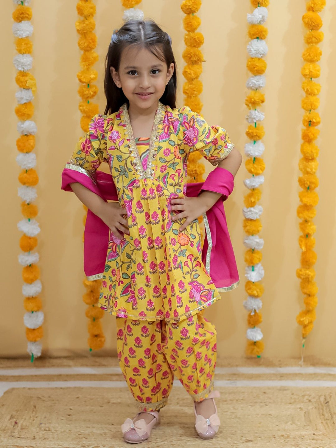 Mustard Screen Printed Afghani Style Suit Set