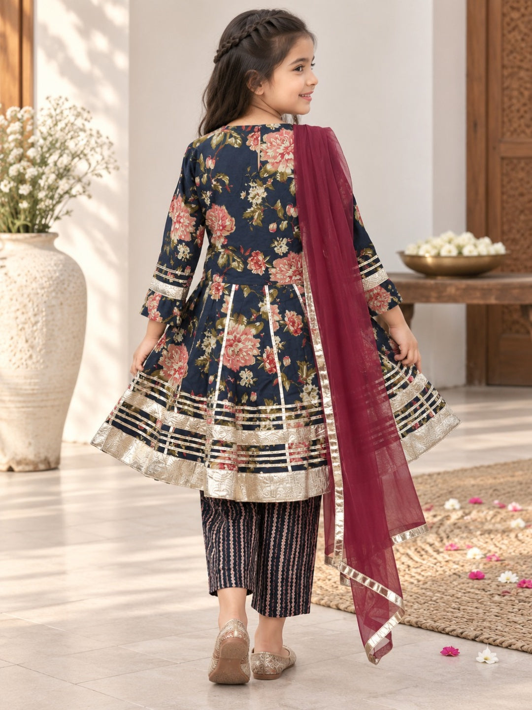 Blue Floral Printed Girls Flare Suit Set