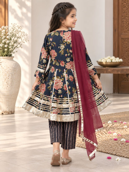 Blue Floral Printed Girls Flare Suit Set