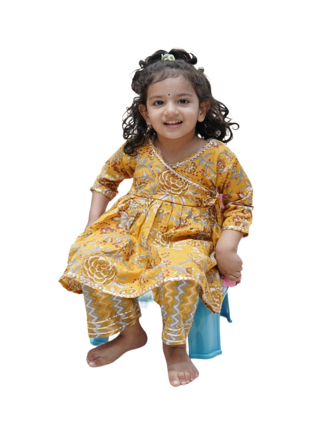 Mustard Colour Floral Printed Girls Flare Suit Set