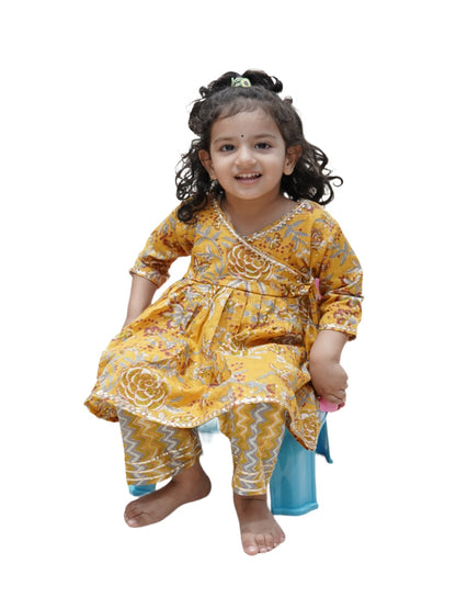 Mustard Colour Floral Printed Girls Flare Suit Set