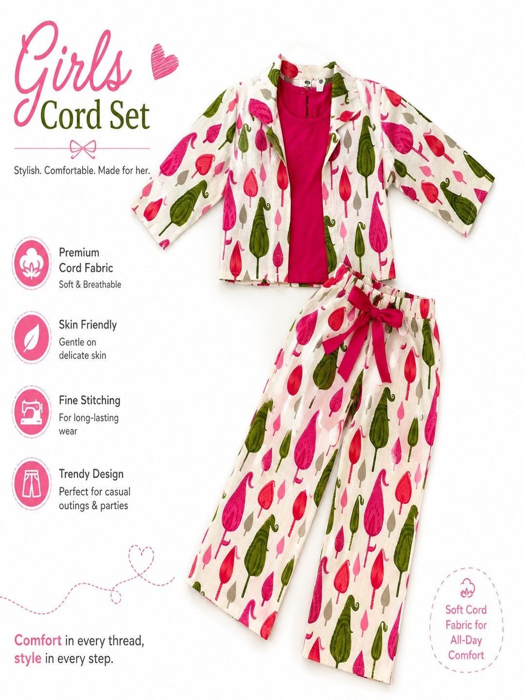 Blue Block Printed 3 Piece Girls Co-Ords
