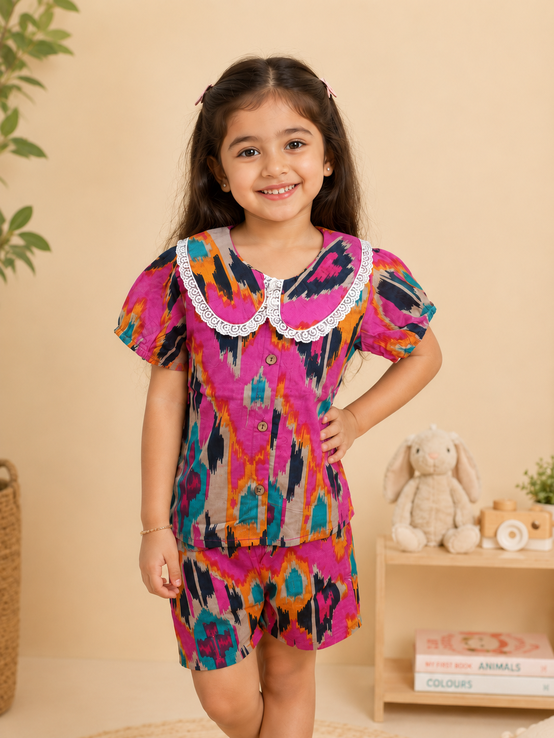 Boys Blue Ikkat & Girls Pink Printed Co-ord Set | Handcrafted Cambric Cotton Half Sleeve Shirt & Shorts Playwear Outfit | Casual Summer Dress Set for Kids