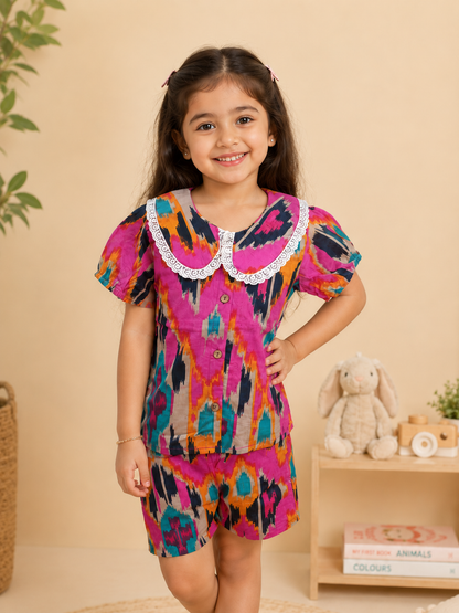 Boys Blue Ikkat & Girls Pink Printed Co-ord Set | Handcrafted Cambric Cotton Half Sleeve Shirt & Shorts Playwear Outfit | Casual Summer Dress Set for Kids
