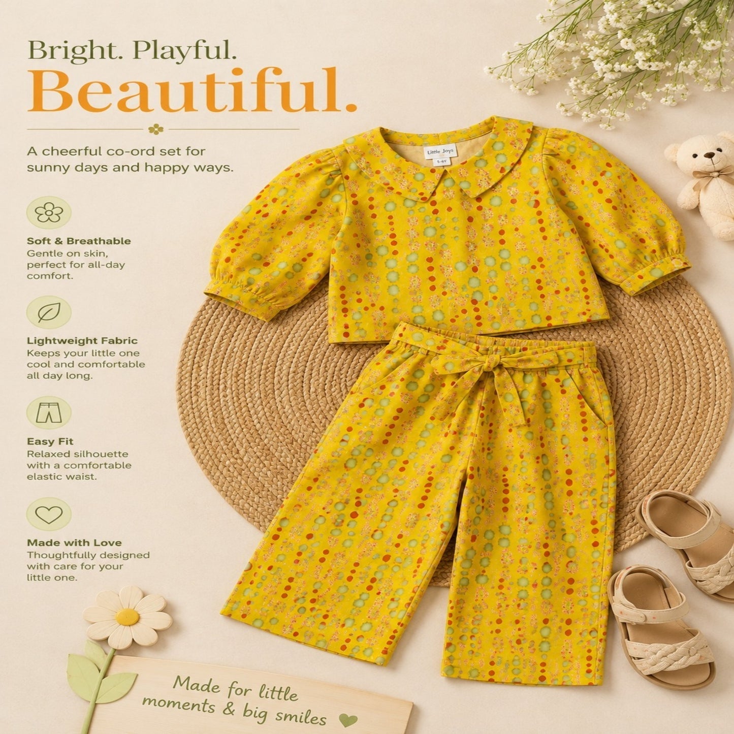 Yellow Coloured polka dots Printed Girls Co-Ords