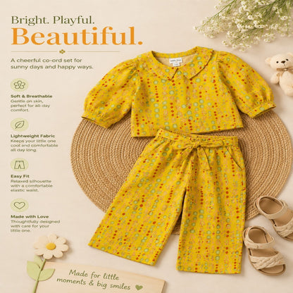 Yellow Coloured polka dots Printed Girls Co-Ords