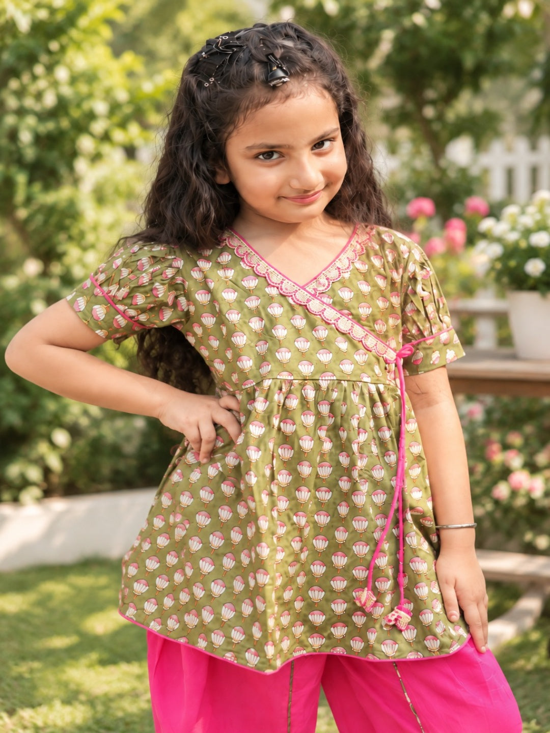 Girls  Lotus Buti Angrakha Kurti with Tulip Pant