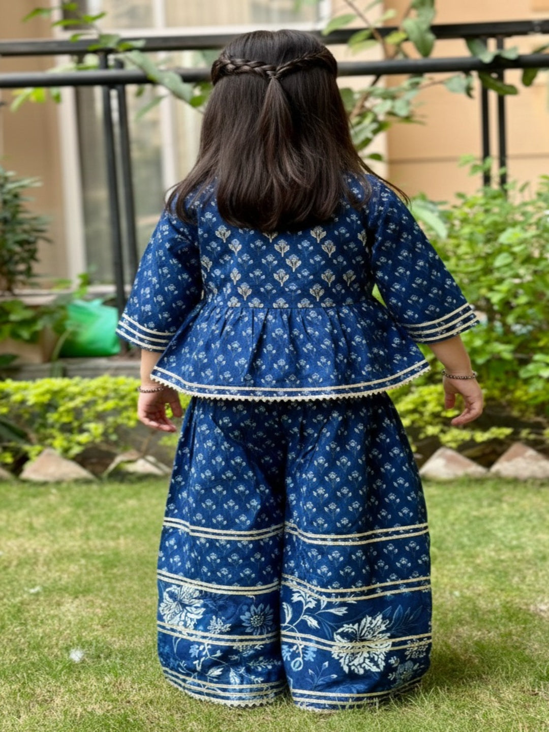 Blue Floral Printed  Gathered Kurta with Palazzo