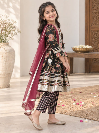 Black Floral Printed Girls Flare Suit Set