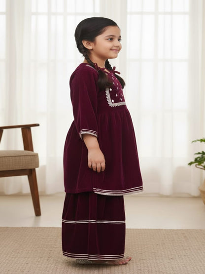 Wine Coloured Alia Cut Velvet  Kurti With Sharara