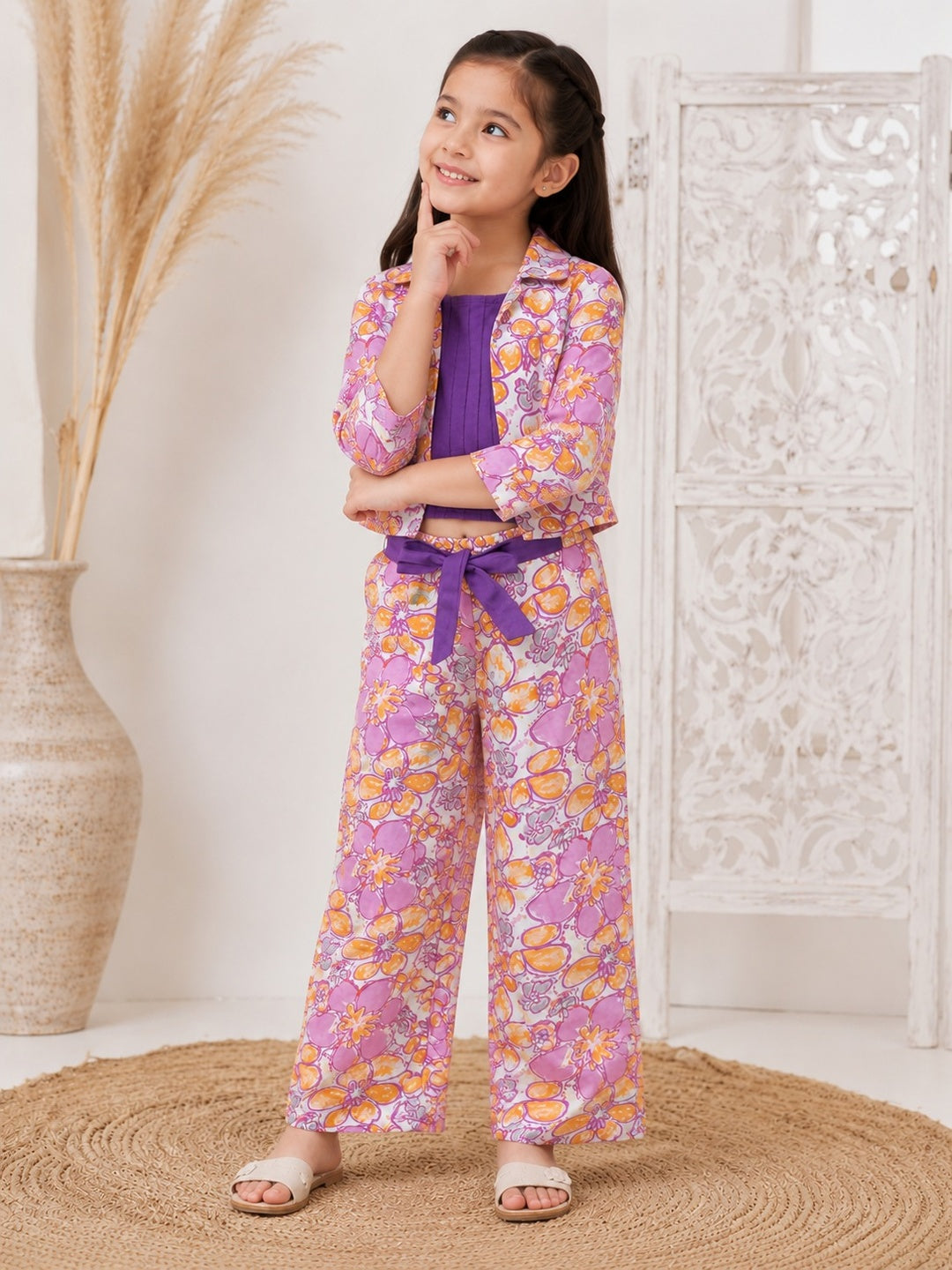 Purple Floral Printed 3 Piece Girls Co-Ords