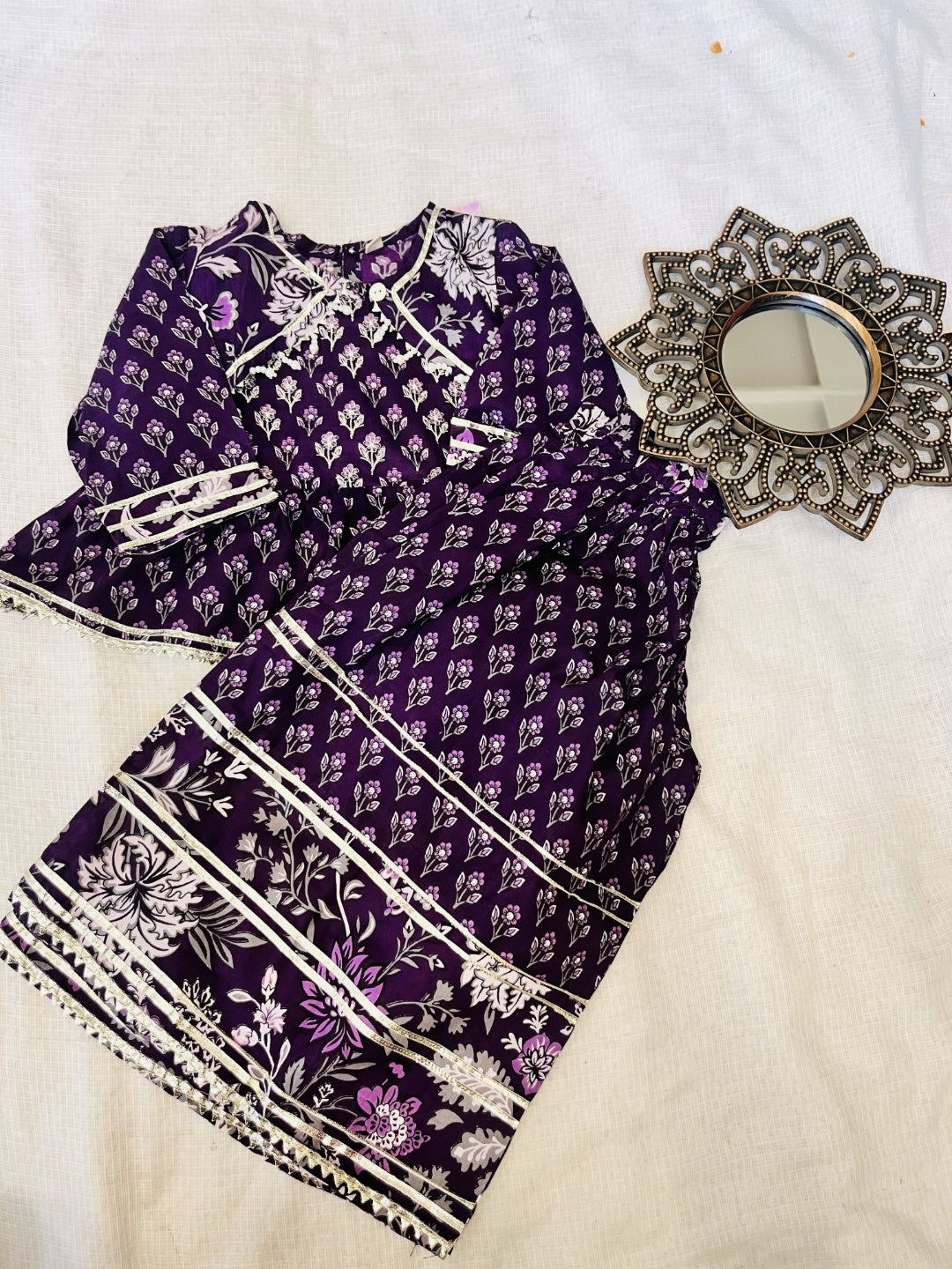 Purple and Blue Floral Printed Gathered Kurta with Palazzo
