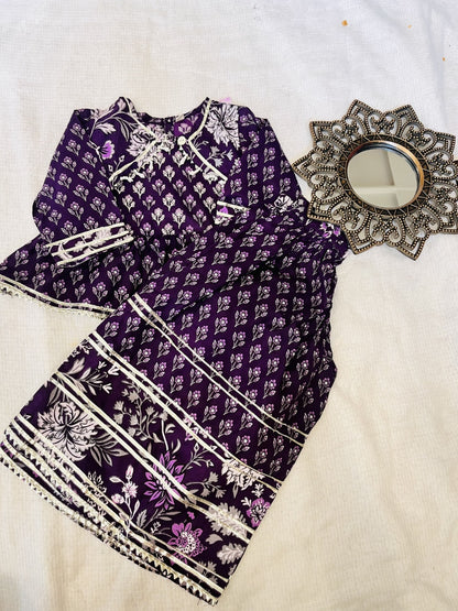 Purple and Blue Floral Printed Gathered Kurta with Palazzo