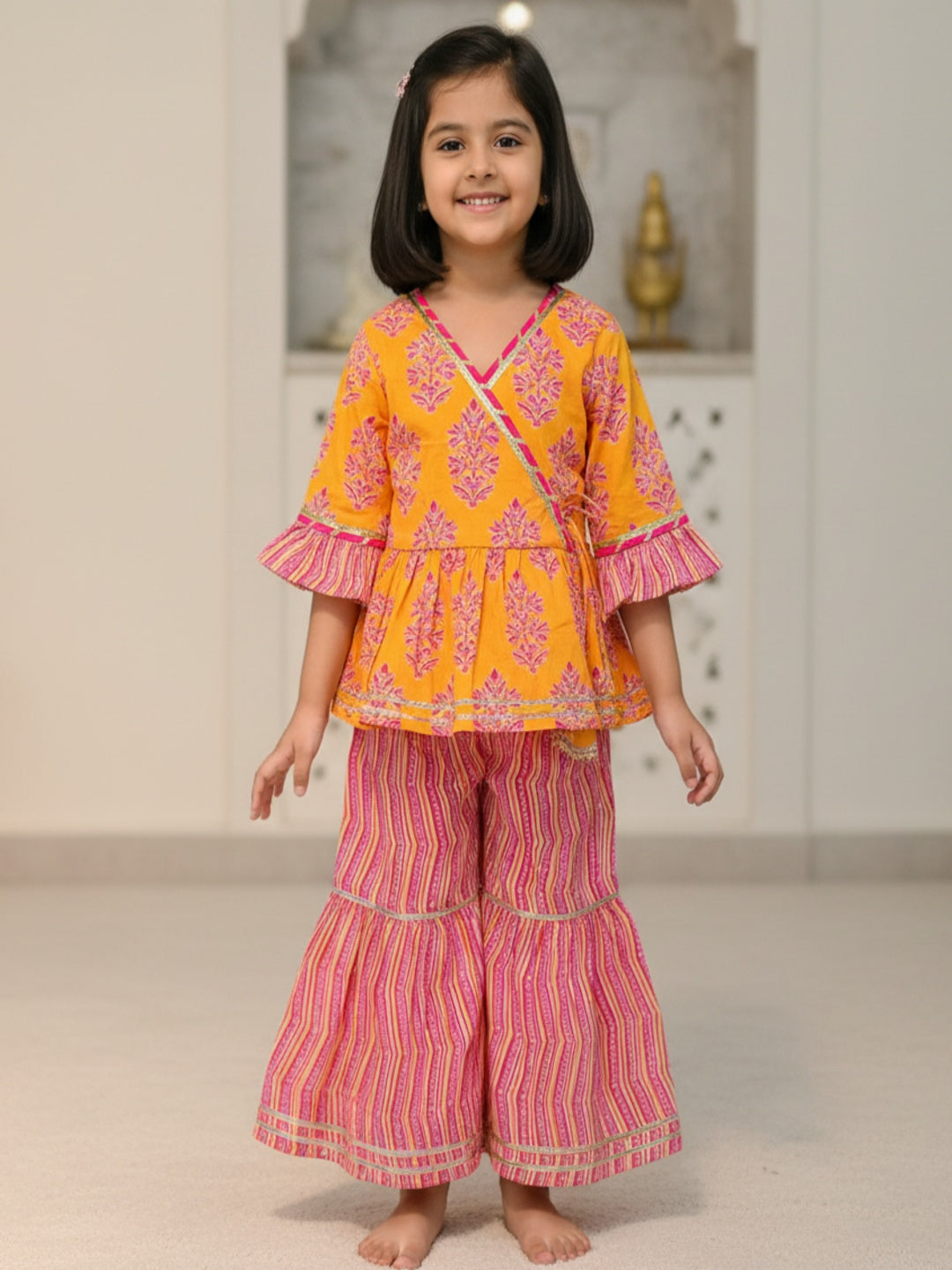 Block Printed Yellow & Pink Coloured Anarkali Suit with Sharara