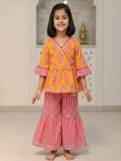 Block Printed Yellow & Pink Coloured Anarkali Suit with Sharara