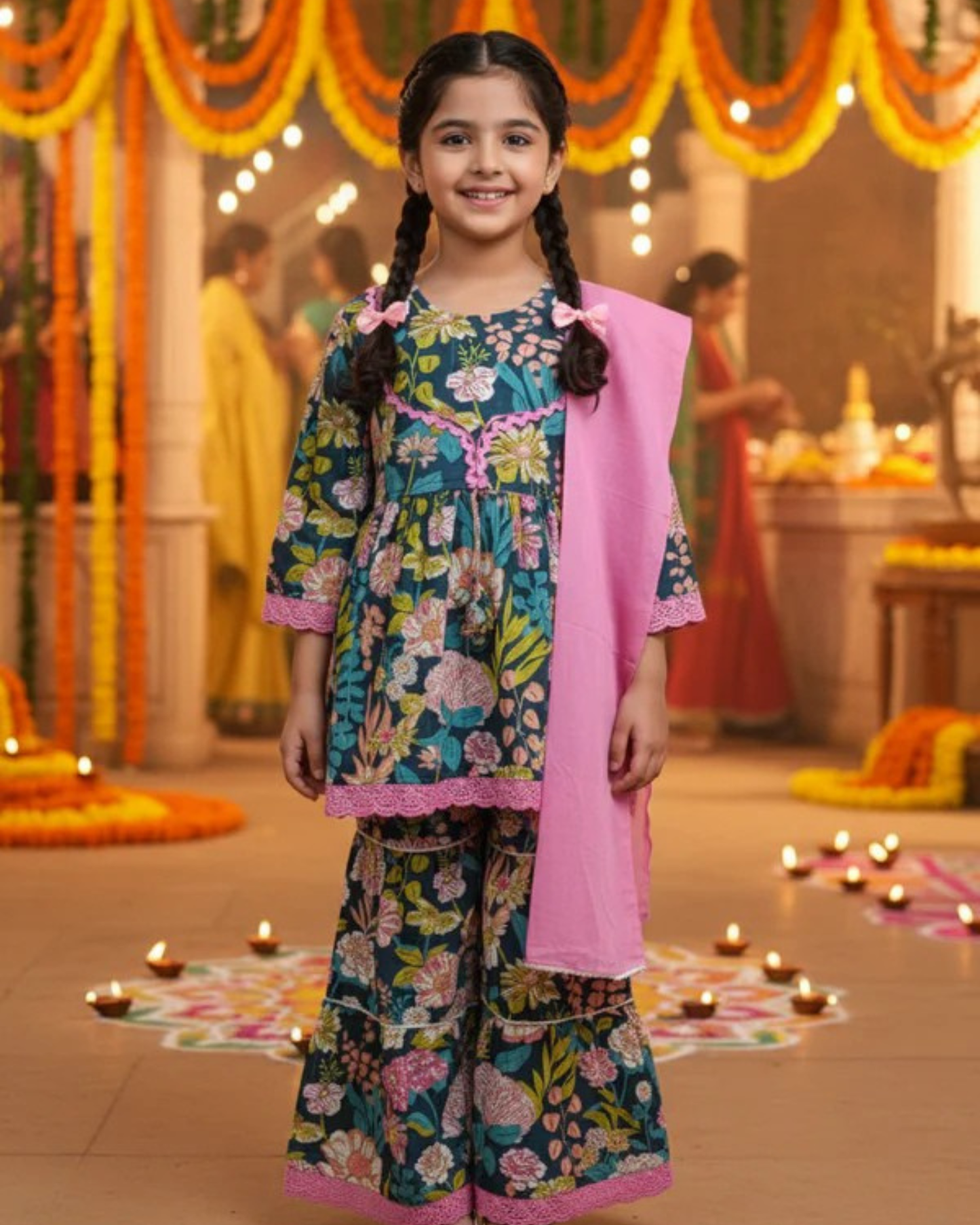 Ethnic Gathered Olive Green Kurta With Sharara Set