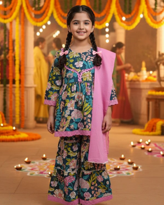 Floral Gathered Olive Green Kurta With Sharara Set