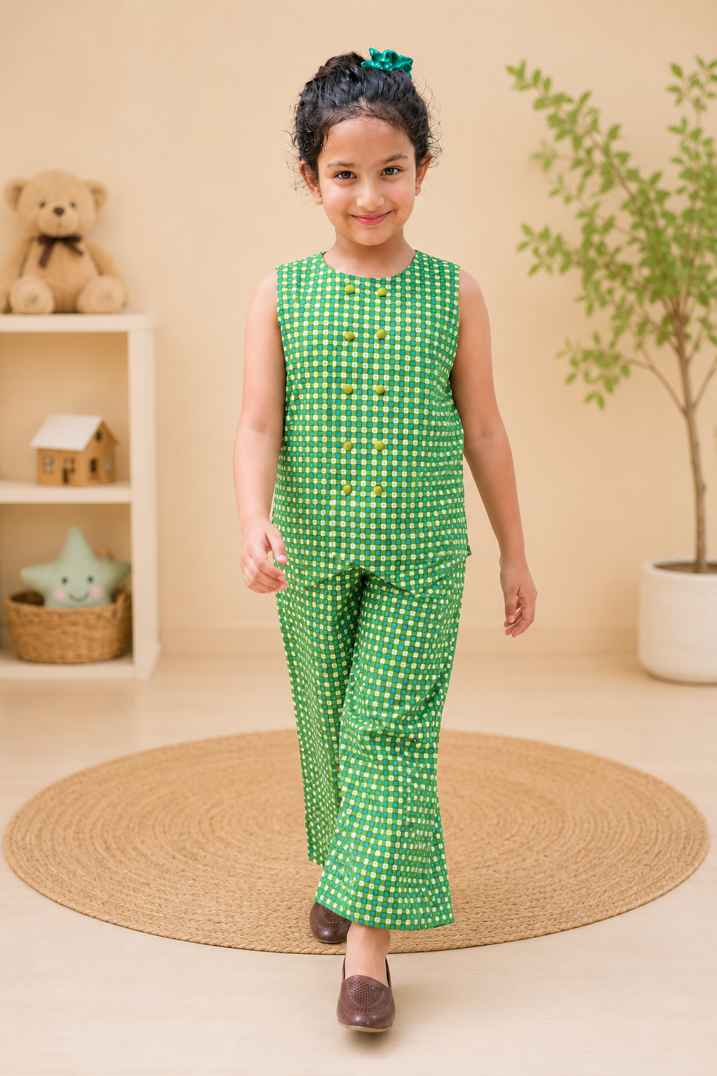 Trending checkered printed waist cost style Co-Ord Set for girls