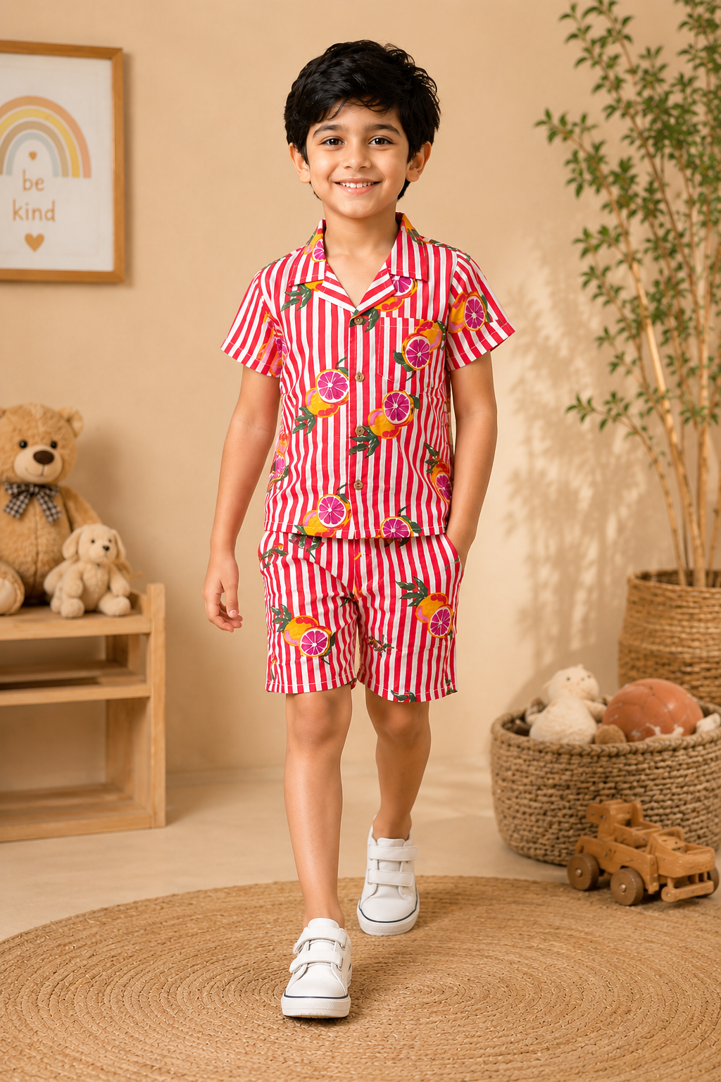 Red Striped-quirky-fruit  printed Cord-Set  for boys