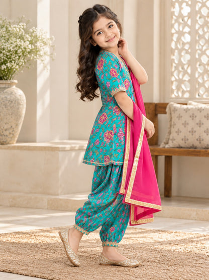 Sea Green Screen Printed Afghani Style Suit Set