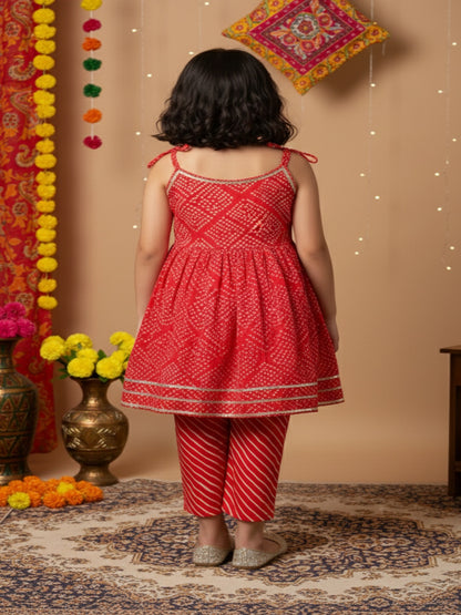 Jaipuri Print Red Colour Girls Flare Suit Set